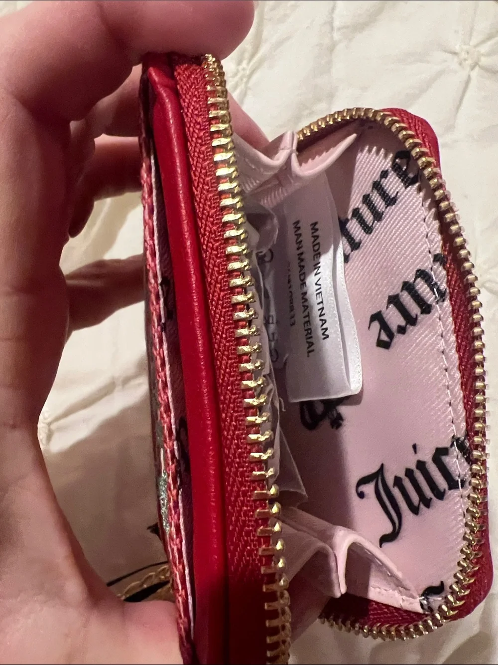 Juicy Couture Red and White Striped Card Holder with Green Embroidered Logo